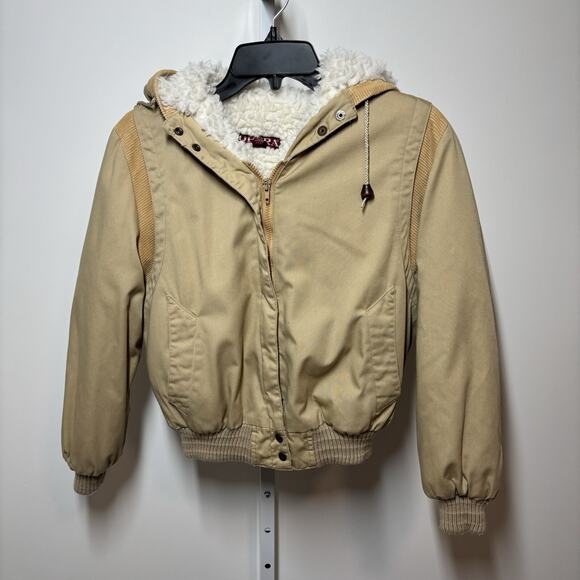 Vtg Opera Women’s Hooded Tan Bomber Jacket Sherpa Lined Zip Pockets Size M - Picture 1 of 9